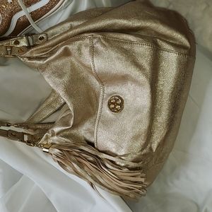 Tory Burch Like NEW, GOLD leather Boho Satchel with Tassel